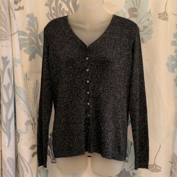 Petite Sophisticate Charcoal Grey + Silver Silk Blend Cardigan Sweater Sz M - Picture 1 of 9